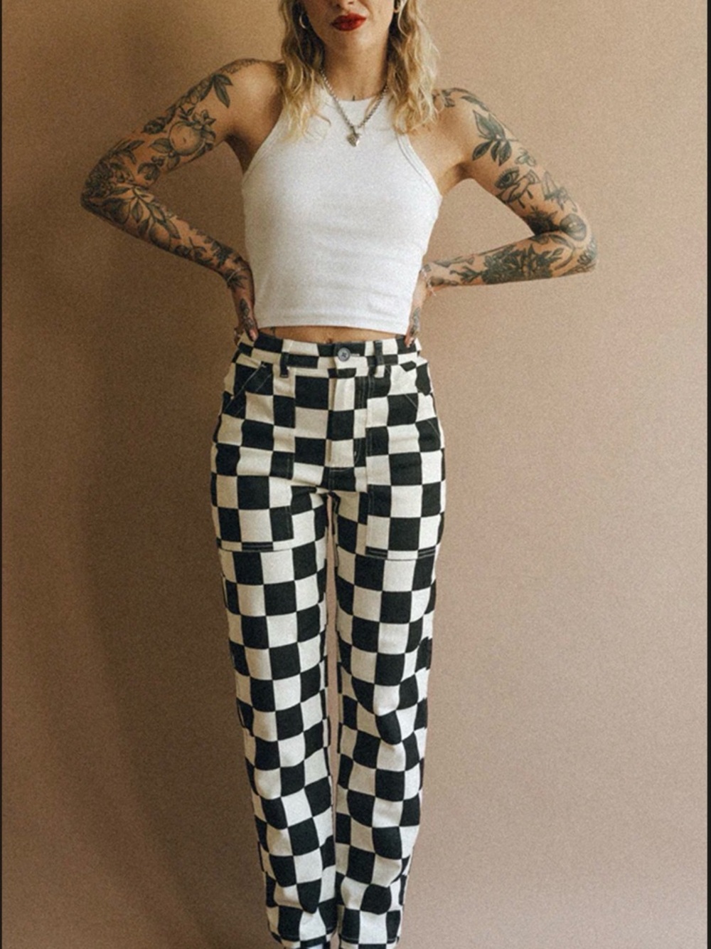 P&Co High-Rise Checkerboard Straight Leg Pants - Black & Ecru